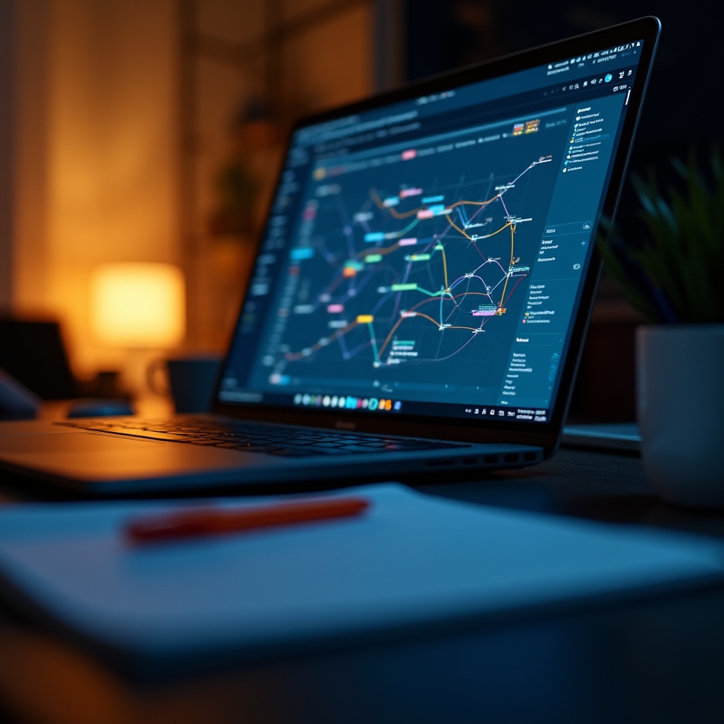 Ecran de laptop cu diagrame de flux și note de audit, lumina naturală pe birou minimalist