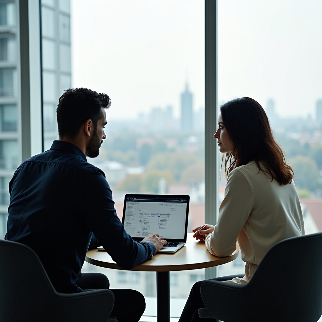 Sesiune de coaching cu fondator tehnic, discuție față în față la birou modern