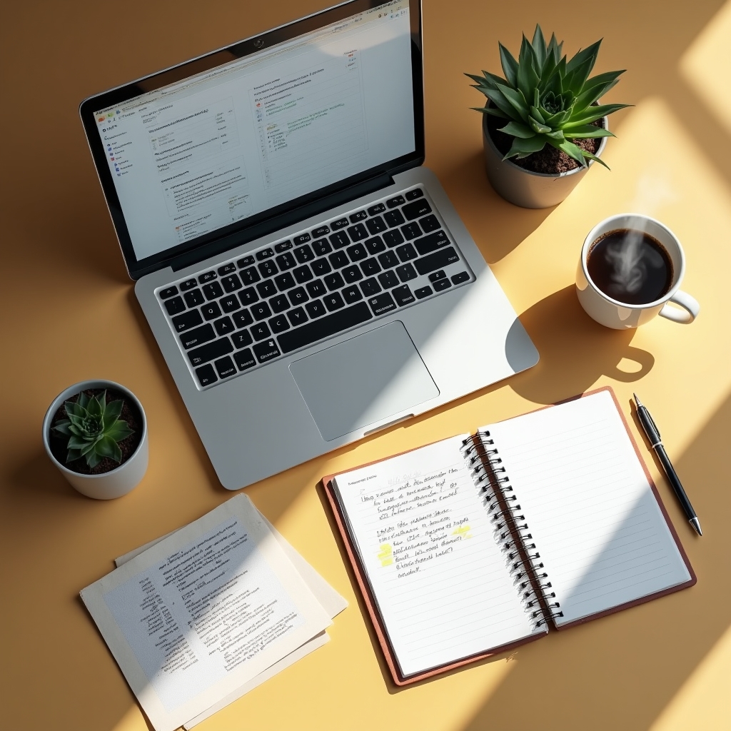 Vedere de sus a unui spațiu de lucru organizat cu laptop, caiet și cești de cafea